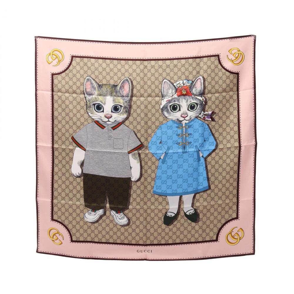 Gucci x Yuko Higuchi GG Pattern Scarf/Muffler, Silk, Women's, Pink/Beige/Mult...